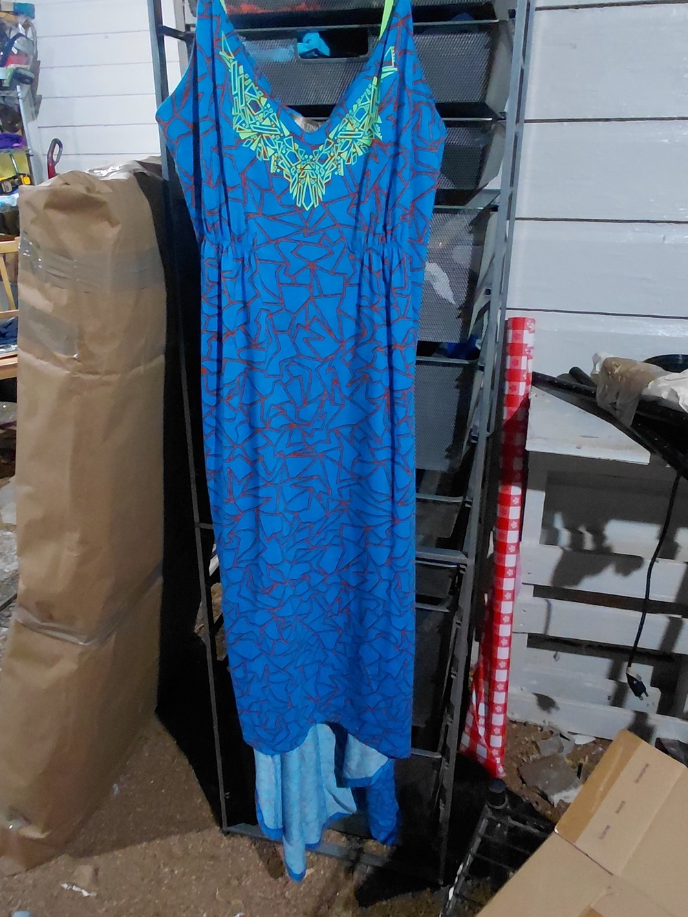 Miss Tina Blue Sleeveless High-Low Maxi Dress with Neon Embroidered Yoke